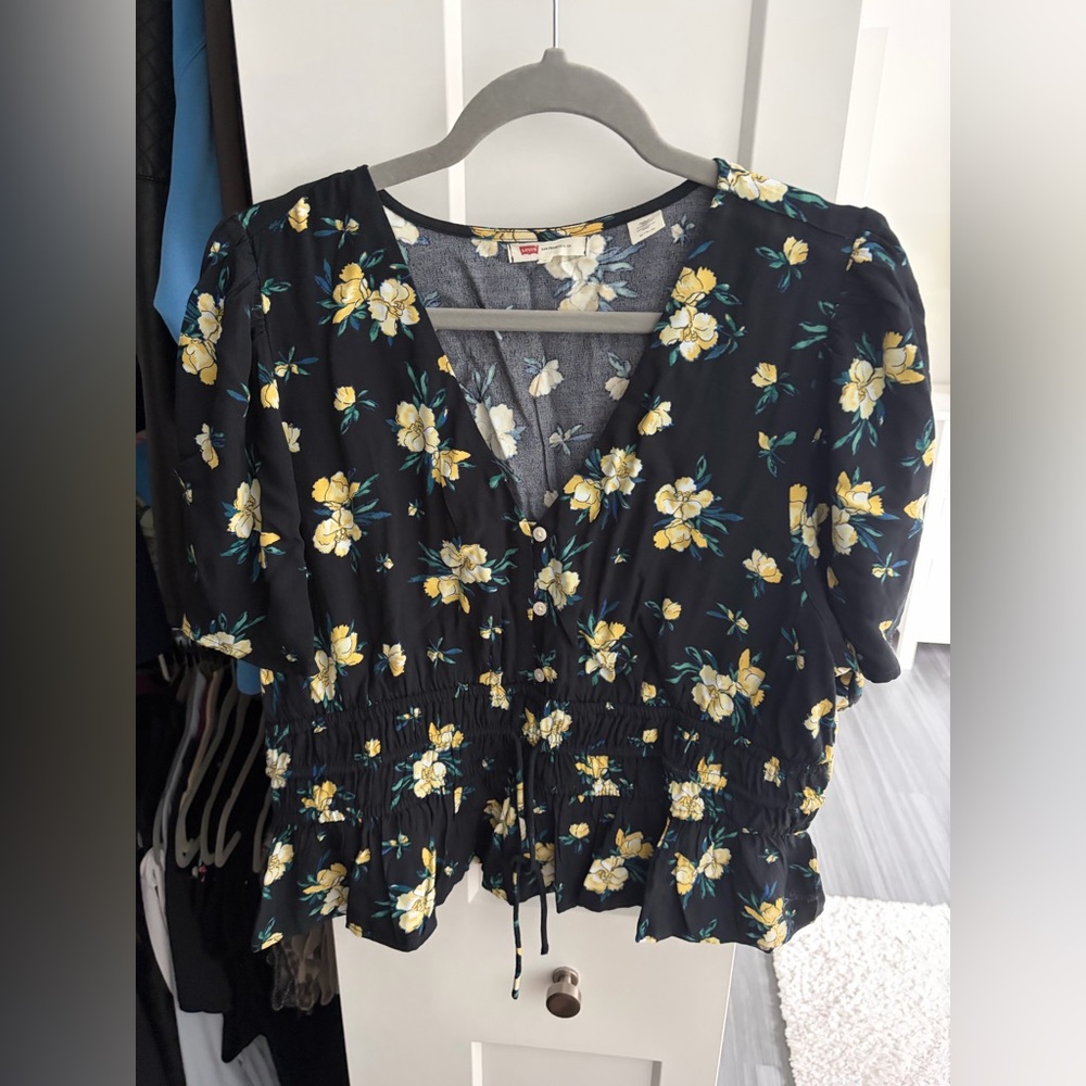 Levi's Black Floral Smocked Peplum Blouse